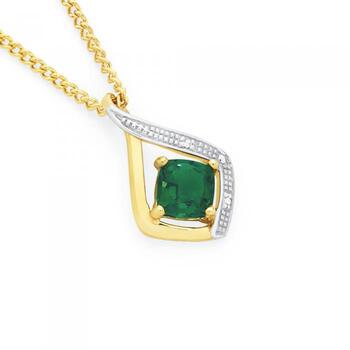 9ct Gold Created Emerald & Diamond Cushion Cut Swirl Pendant