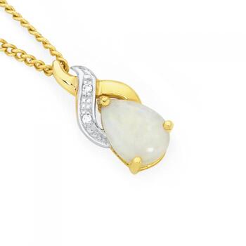 9ct Gold Opal & Diamond Swirl Crossover Pendant