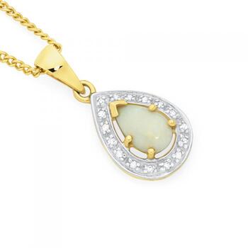 9ct Gold Opal & Diamond Pear Framed Pendant