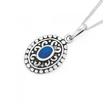 Silver Reconstituted Turquoise Oval Filigree Pendant