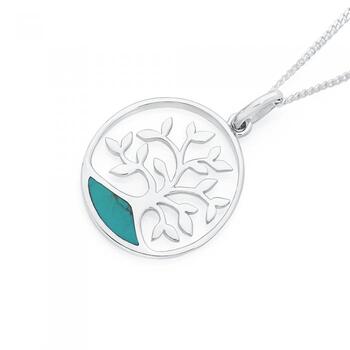 Silver Reconstituted Turquoise Tree of Life Pendant
