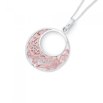 Silver and Rose Gold Plated Open Circle Filigree Pendant