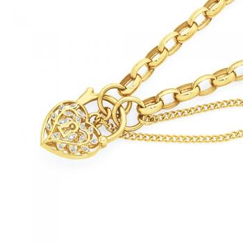 9ct Gold 19cm Solid Belcher Diamond Set Padlock Bracelet