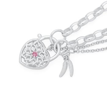 Silver Pink CZ Dreamcatcher Padlock Bracelet