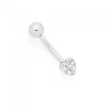Silver & Steel Pave CZ Heart Belly Bar