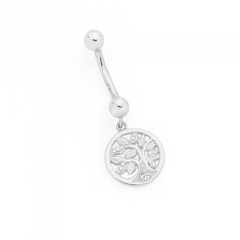 Silver CZ Tree of Life Drop Belly Bar