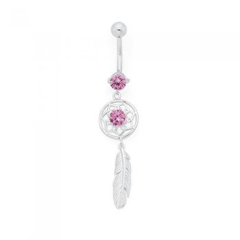 Silver and Steel Pink CZ Dreamcatcher Belly Bar