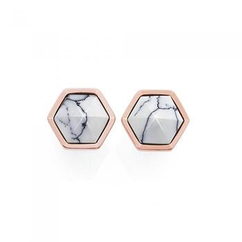 Steel Rose Plate White Marble Hexagon Stud Earrings