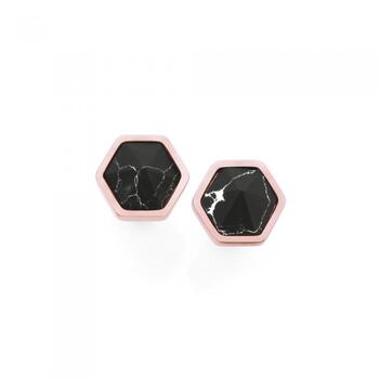 Rose Steel Black Marble Hexagon Earrings