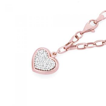 9ct Rose Gold on Silver Crystal Heart Charm on Belcher Bracelet