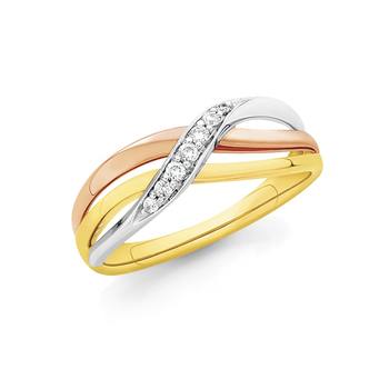 9ct Gold Tri Tone Diamond Crossover Ring
