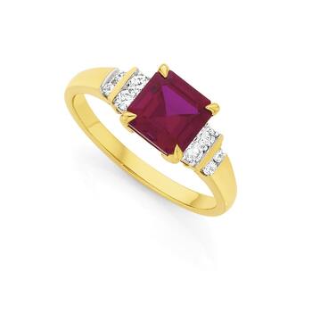 9ct Gold Created Ruby & Diamond Princess Cut Ring