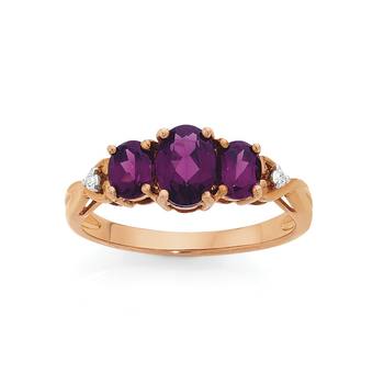 9ct Rose Gold Rhodolite Garnet & Diamond Trilogy Ring