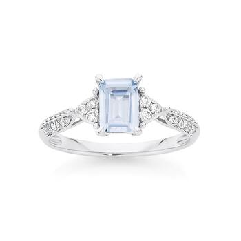 9ct White Gold Aquamarine & Diamond Emerald Cut Ring