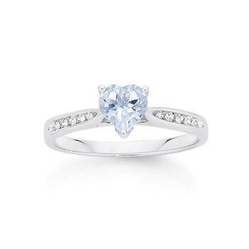 9ct White Gold Aquamarine & Diamond Heart Ring