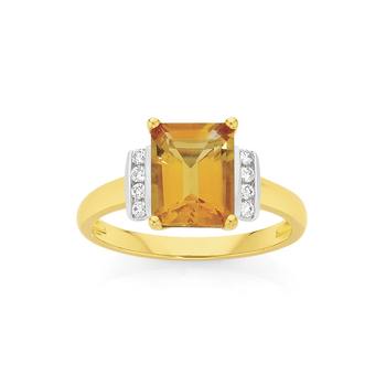 9ct Gold Citrine and Diamond Emerald Cut Shoulder Set Ring