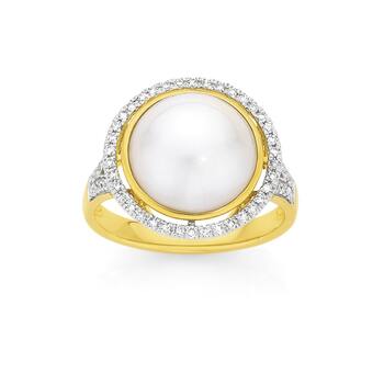 9ct Gold Mabe Pearl & Diamond Halo Ring