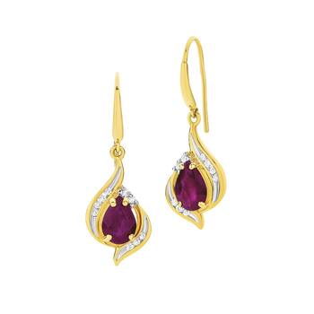 9ct Gold Ruby and Diamond Pear Shape Swirl Hook Earrings