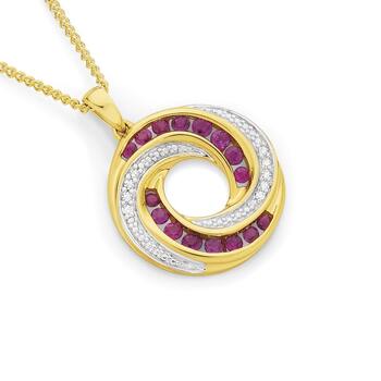 9ct Gold Ruby & Diamond Swirl Circle Pendant