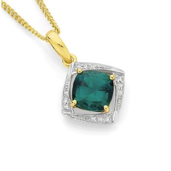9ct Gold Created Emerald & Diamond Open Frame Pendant