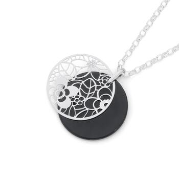 Silver Large Round Black Agate With Flower Overlay Pendant