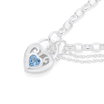 Silver 19cm Blue Topaz & CZ Heart Scroll Padlock Bracelet