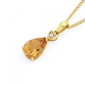 9ct Gold Citrine & Diamond Heart Detail Drop Pendant