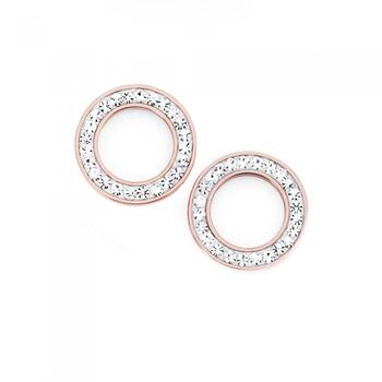 Steel Rose Plate Crystal Circle Stud Earrings
