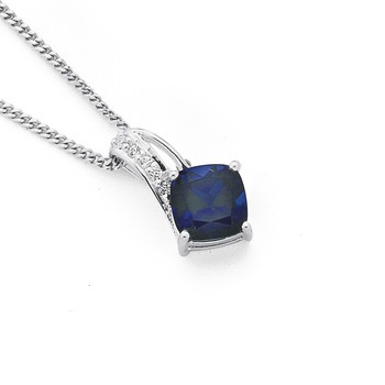 Silver Cushion Synthetic Sapphire & Cubic Zirconia Pendant