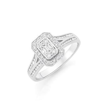 9ct White Gold Diamond Emerald Shape Ring