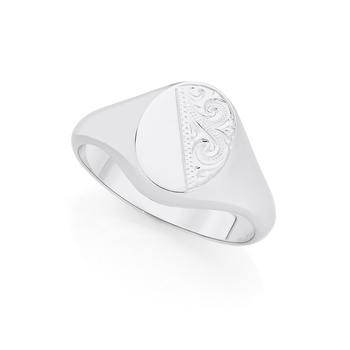 Silver Flat Oval Half Engraved Signet Ring