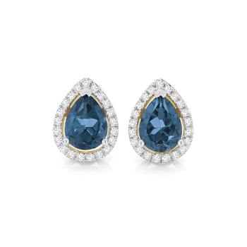 9ct Gold London Blue Topaz & Diamond Pear Halo Stud Earrings