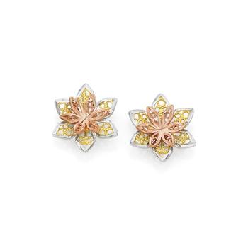 9ct Gold Tri Tine Mesh Lotus Flower Stud Earrings