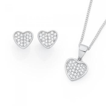 Silver CZ Pave Heart Pendant & Earring Set