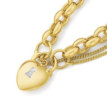 9ct Gold 19cm Solid Belcher Diamond Set Padlock Bracelet