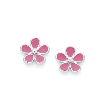 Silver Pink Enamel Flower Stud Earrings