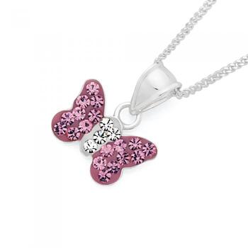 Sterling Silver Pink Crystal Butterfly Pendant
