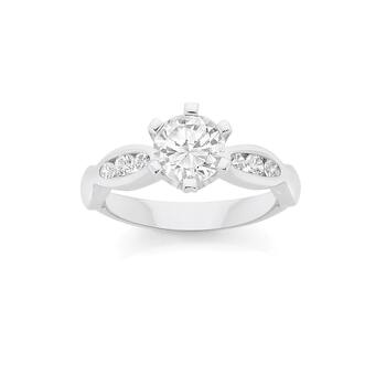Silver CZ Solitaire With Oval Side Stone Ring