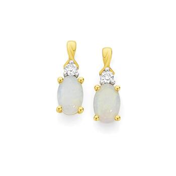 9ct Gold White Opal & Diamond Stud Earrings