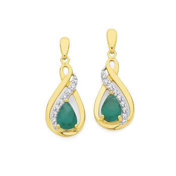 9ct Gold Emerald & Diamond Drop Stud Earrings