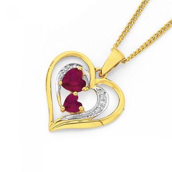 9ct Gold Created Heart & Diamond Pendant