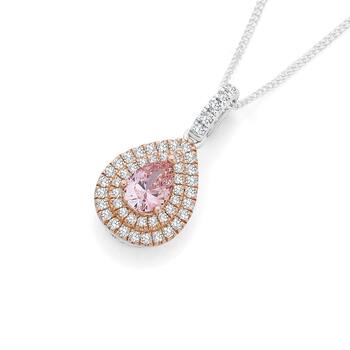Silver and Rose Gold Plate Blush Pink CZ Pear Cluster Pendant