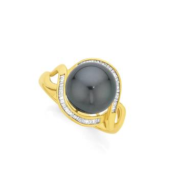 9ct Gold Cultured Tahitian Pearl & .20ct Diamond Swirl Ring