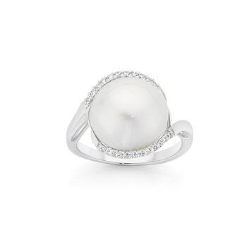 Silver & Cultured Freshwater Mab&#195;&#169; Pearl With CZ Wave Ring