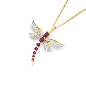 9ct Gold Ruby & Diamond Dragonfly Pendant