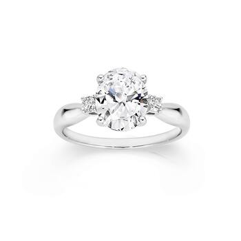 Silver Oval CZ With Round CZ Side Stone Ring