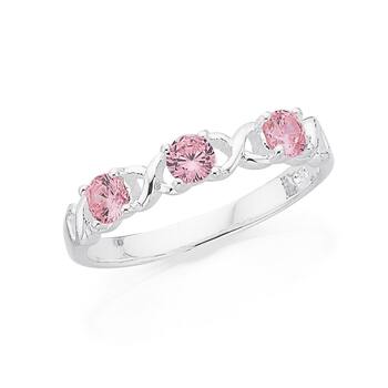 Sterling Silver Pink Cubic Zirconia Hugs & Kissess Ring