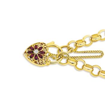 9ct Gold 19cm Solid Belcher with Diamond &  Created Ruby Padlock Bracelet