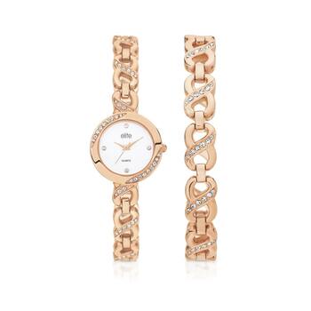 Elite Ladies Rose Tone Infinity Bracelet and Watch Set