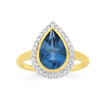 9ct Gold Blue Topaz & .20ct Diamond Dress Ring